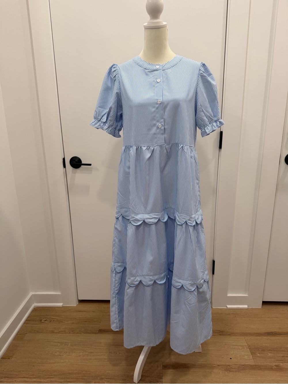 Simply Southern Light Blue & White Striped Puff-Sleeve Midi Dress